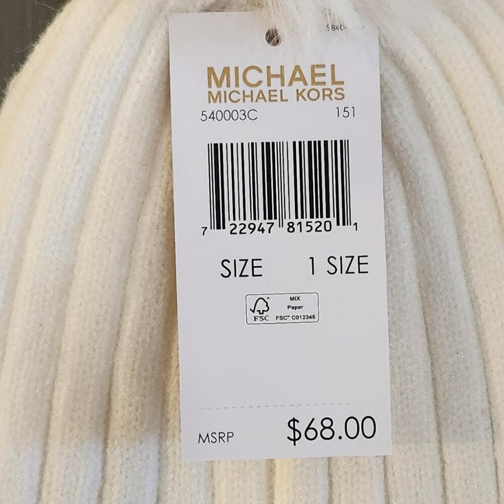 Michael Kors Women's Ivory White Pom Pom Ribbed Knit Cuffed Beanie Size OS - Picture 4 of 4